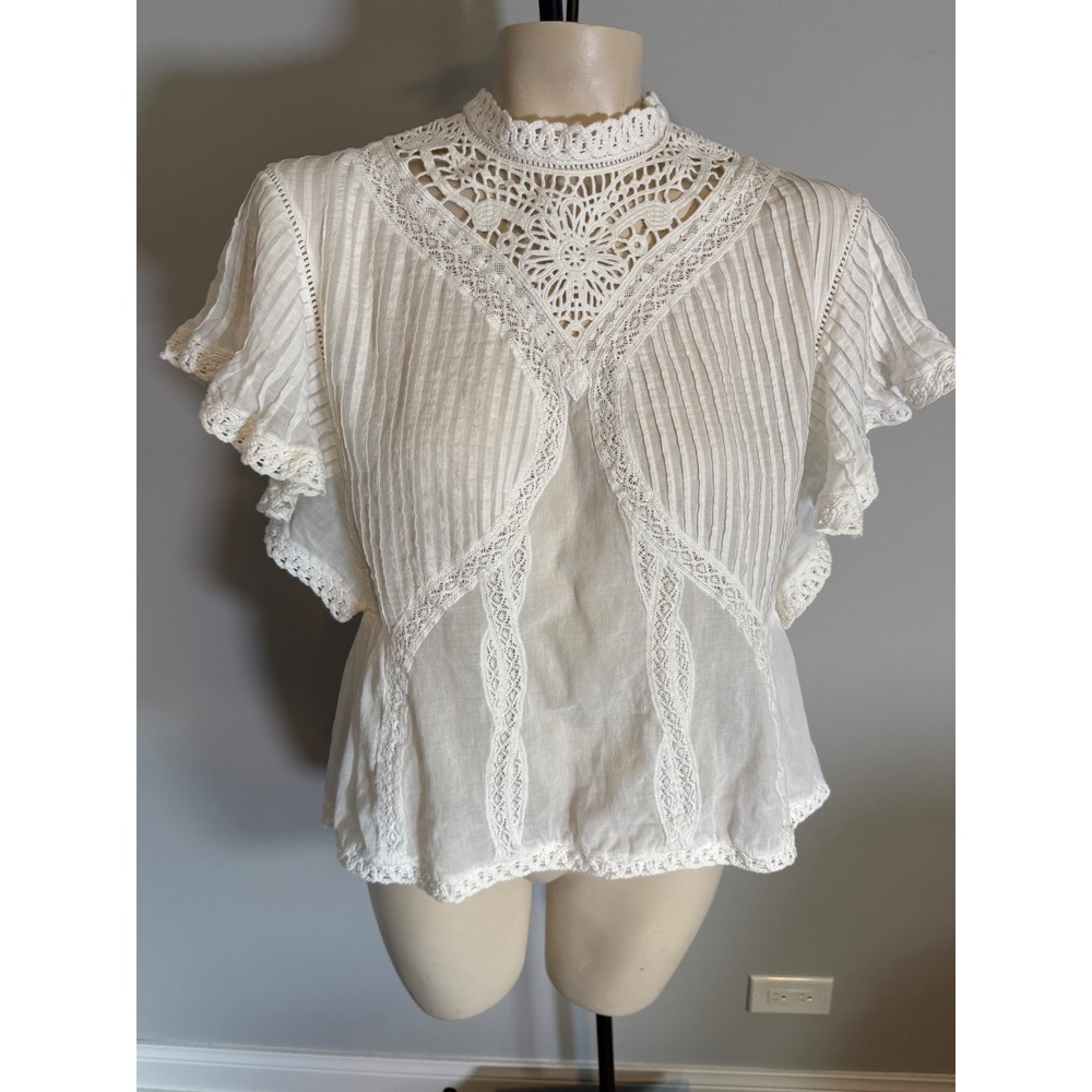 Farm Rio White Cotton Crochet Lace Pintuck Blouse Mock Neck Flutter Sleeve M